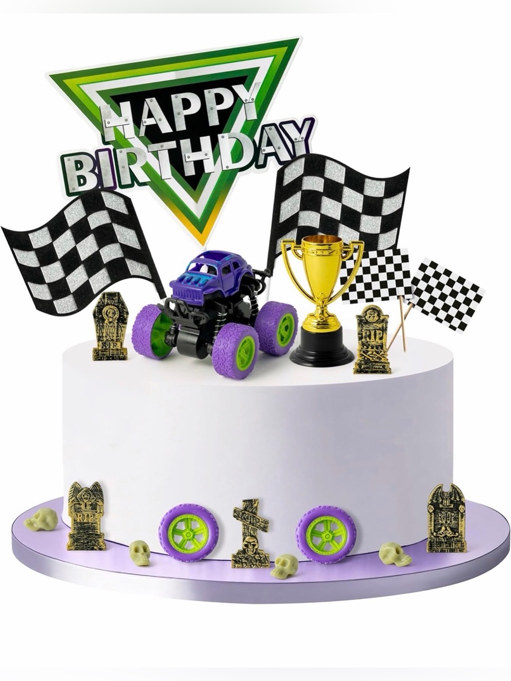 40~Green & Purple Monster Truck Cake Decoration Racing Car Dessert Cupcake Top